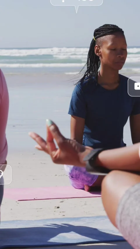 Animation of social media data processing over diverse women exercising on beach Stock Footage 319975090