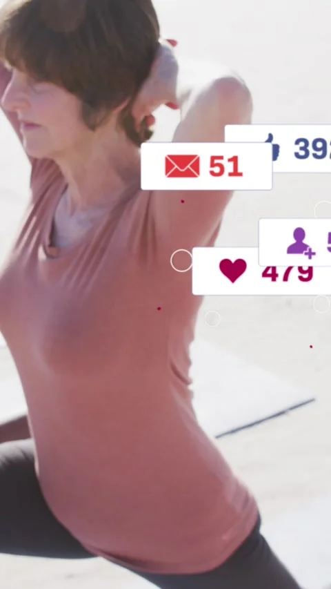 Animation of social media data processing over diverse women exercising on beach Stock Footage 319975098