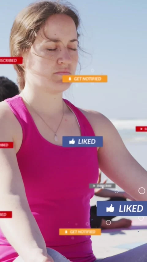 Animation of social media data processing over diverse women exercising on beach Stock Footage 320854788