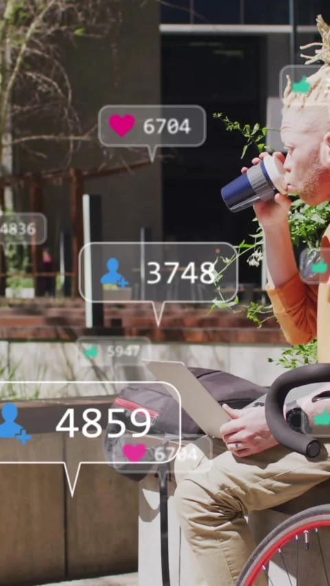 Animation of social media data processing over albino man drinking coffee in Stock Footage 342034153