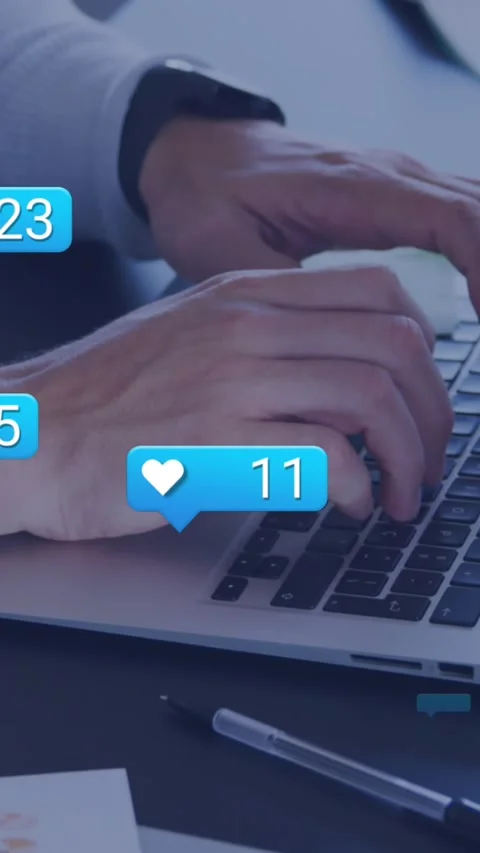 Animation of social media data processing over caucasian man using computer Stock Footage 342954485