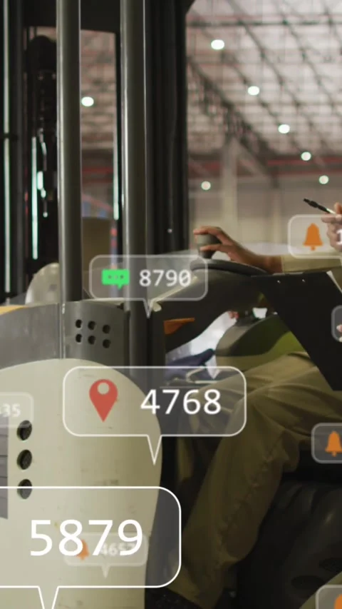 Animation of social media data processing over diverse engineers in warehouse Stock Footage 343609017