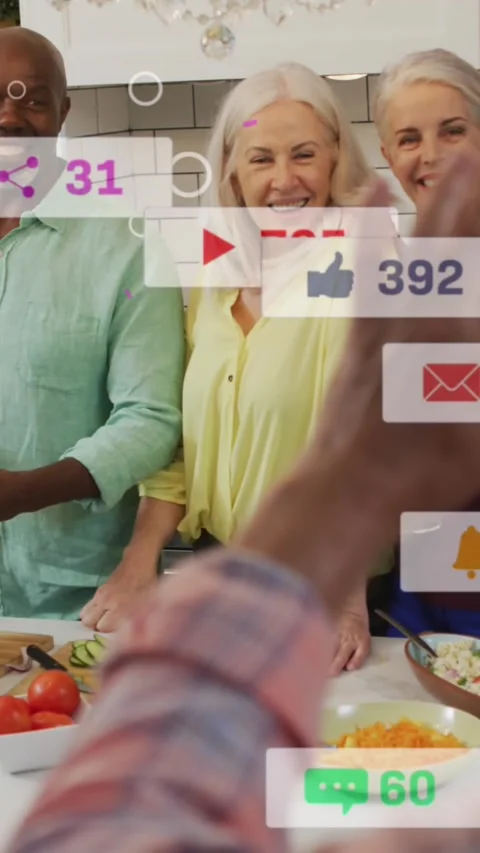 Animation of social media data processing over diverse people in kitchen Stock Footage 344679885