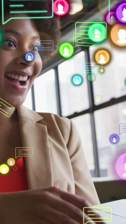 Animation of social media data processing over african american businesswoman in Stock Footage 344723695