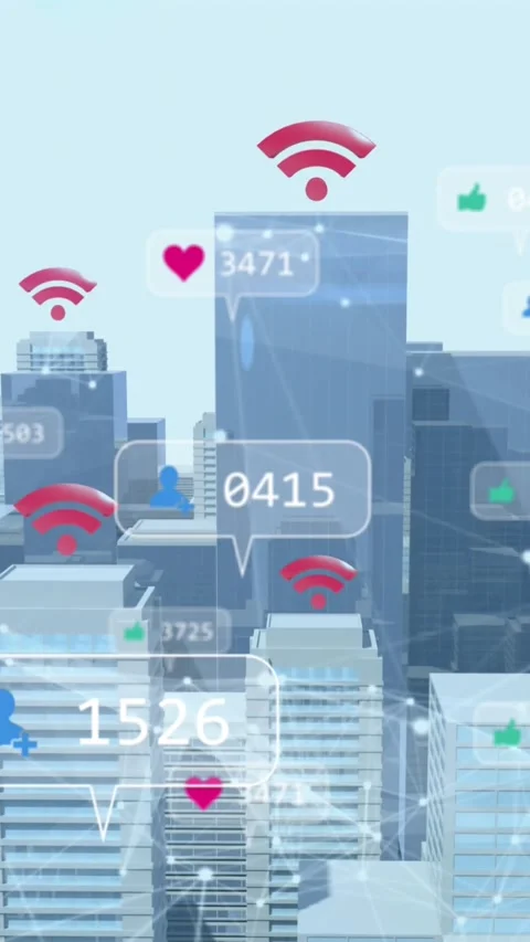 Animation of social media icons, network of connection and wi-fi icons against Stock Footage 344803053