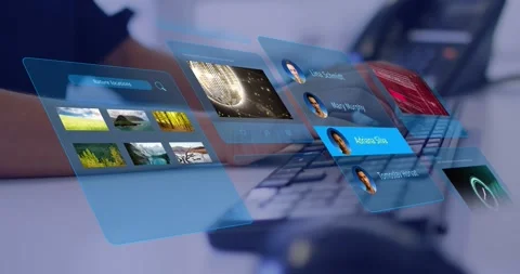 Animation of social media posts and people profiles over hands typing on Stock Footage 328228435