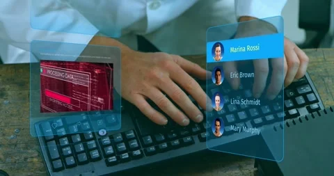 Animation of social media posts and people profiles over caucasian man typing on Stock Footage 328402804