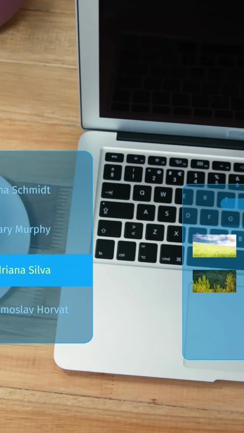 Animation of social media posts and people profiles over laptop and cup of Vídeo Stock 342609048