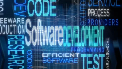 Animation of software development keywords floating over digital technology Stock Footage 303607733
