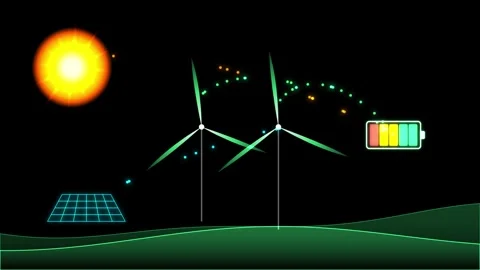 Animation of solar panel and wind turbines charging battery over green hill.. Stock Footage 345127576