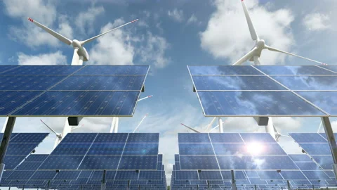 Animation with solar panel cells and spinning wind turbines on eco energy farm Stock Footage