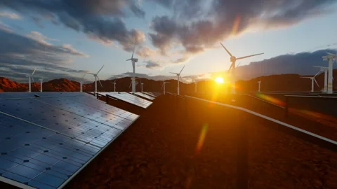 Animation with solar panel cells and spinning wind turbines Stock Footage 170190192