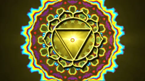 Animation of the Solar plexus Chakra symbol with kaleidoscopic effect background Video stock 176663138