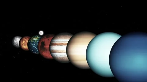 Animation of the solar system planets aligned in a row against a starry bac.. Stock Footage 317856066