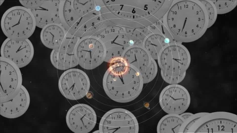 Animation of solar systems, planets and space over clocks ticking Video stock 166130922