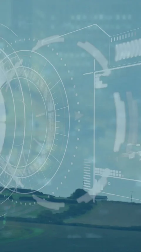 Animation of sonar with loading bars and graph over windmill and landscape Stock Footage 343738975