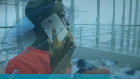 Animation of sonar, soundwaves over grid pattern against african american woman Stock Footage 244738905