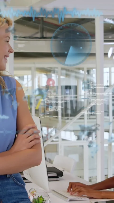 Animation of sonars, computer language over diverse coworkers standing and Stock Footage 321172214
