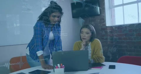 Animation of soundwaves and computer language over diverse female coworkers Stock Footage 325774669