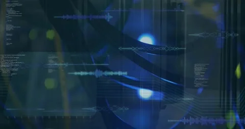 Animation of soundwaves and computer language over close up of wires against Stock Footage 328300162