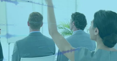 Animation of soundwaves, bars, computer language over caucasian woman raising Stock Footage 330294963