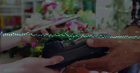 Animation of soundwaves with numbers over cropped hands scanning qr code over Stock Footage 326751418