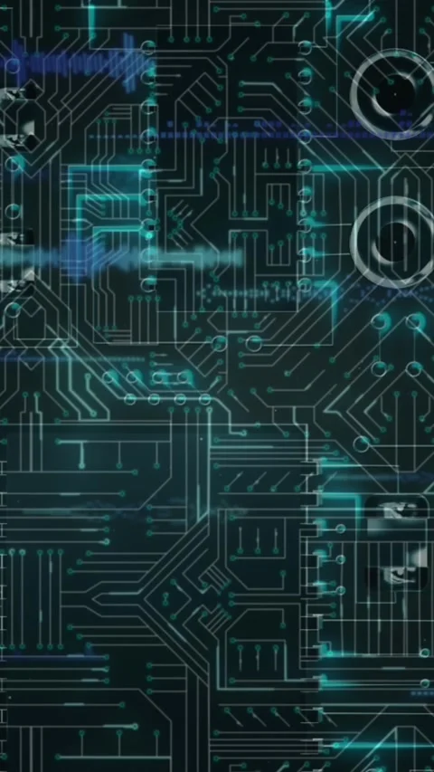 Animation of soundwaves over circuit board pattern against black background Stock Footage 344693387