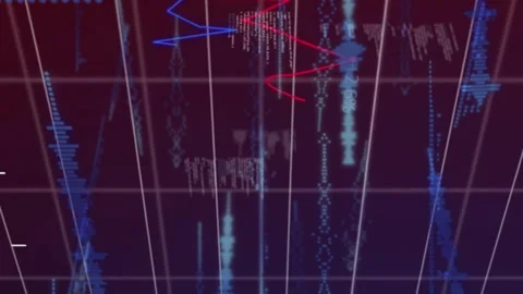 Animation of soundwaves with programming language and multiple graphs on grid Stock Footage 312644773