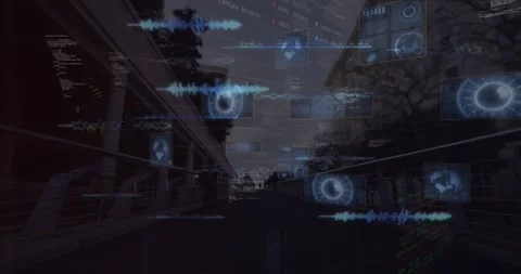Animation of soundwaves, radars, globes, trading board, computer language, Stock Footage 330402916