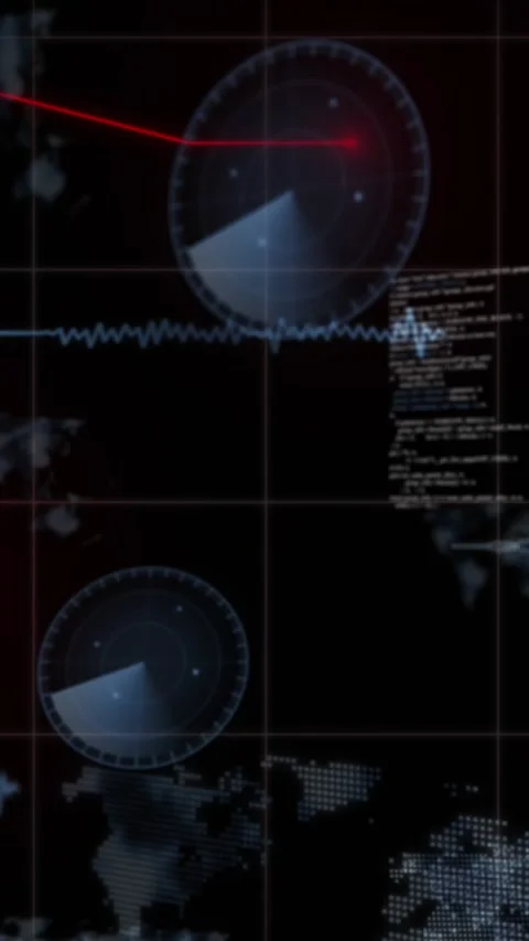 Animation of soundwaves, radars, map and computer language over lines against Stock Footage 344595723