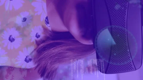 Animation of soundwaves, sonar and computer language over caucasian girl using Stock Footage 312760922