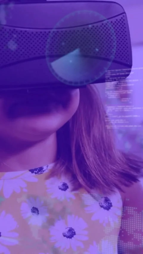 Animation of soundwaves, sonar and computer language over caucasian girl using Stock Footage 323579066