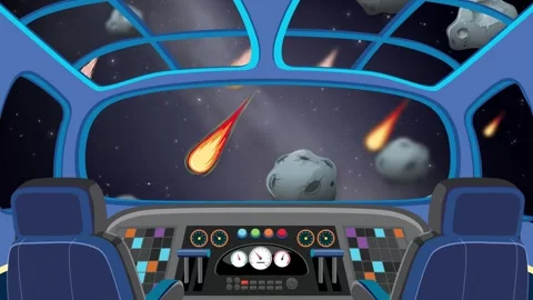 Animation of Spaceship Cockpit Flying Through Asteroids and Comets Video stock 346197483