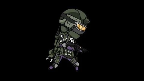 Animation special force soldier or police in uniform shooting submachine gun Stock Footage