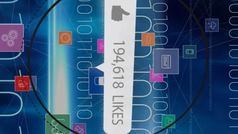 Animation of speech bubble with likes and numbers, digital icons over binary 스톡 동영상 312660563