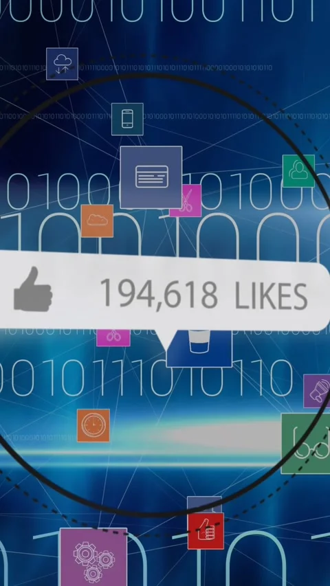 Animation of speech bubble with likes and numbers, digital icons over binary Stock Footage 331719861