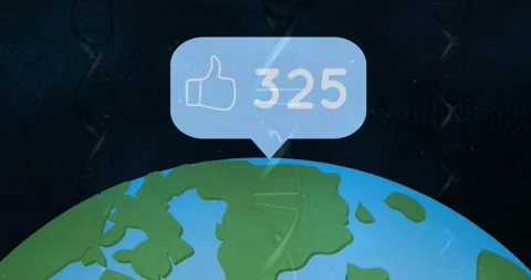 Animation of speech bubble with number of like increasing over globe against dna Stock Footage 329926047