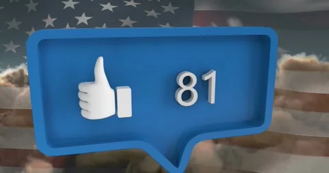 Animation of speech bubble with numbers and like icon over clouds and flag of Stock Footage 329364206