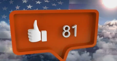 Animation of speech bubble with numbers and like icon over clouds and flag of Stock Footage 329686701