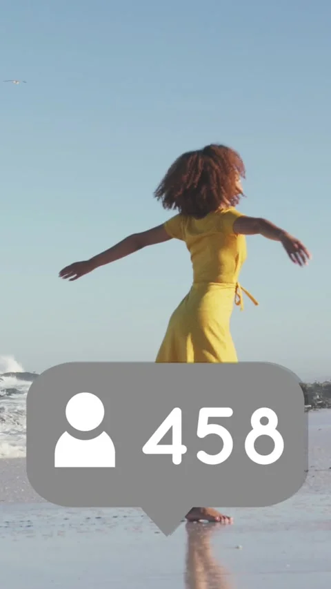 Animation of speech bubble with people icon and numbers over woman spinning on Stock Footage 331649678
