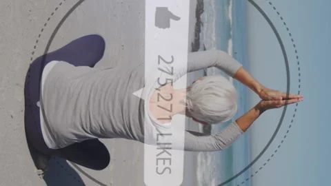 Animation of speech bubble with thumbs up icon and numbers over woman practicing Stock Footage 312581129