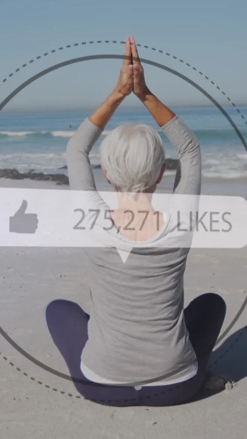 Animation of speech bubble with thumbs up icon and numbers over woman practicing Stock Footage 331630647