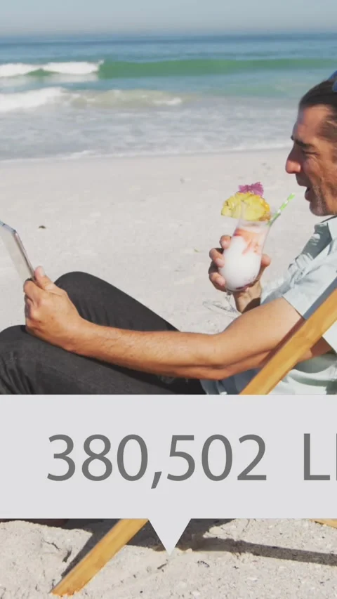 Animation of speech bubble with thumbs up icon and numbers, man with tablet in Stock Footage 331653006