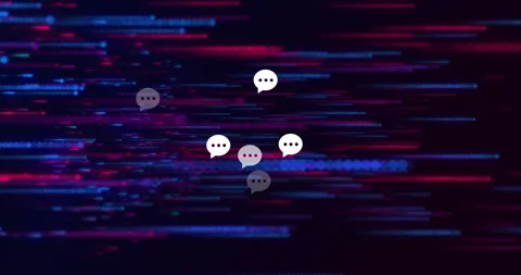Animation of speech bubbles glowing light trails moving over black background Stock Footage 310487244