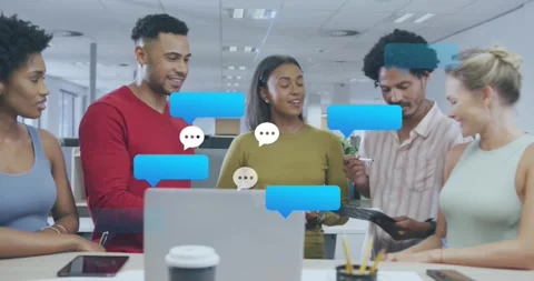 Animation of speech bubbles icons over diverse business people Stock Footage 328588604