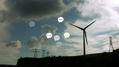 Animation of speech bubbles over wind turbine at sunset Stock Footage 330875824