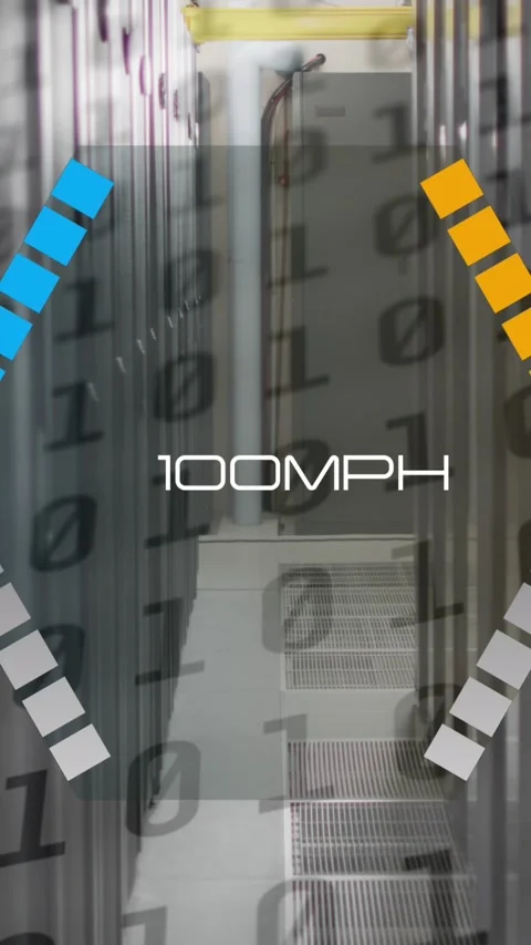 Animation of speed gauge and binary coding data processing over computer servers Video stock 342594164