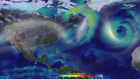 Animation of the speed wind in US. A hurricane approach to the east coast. Stock Footage