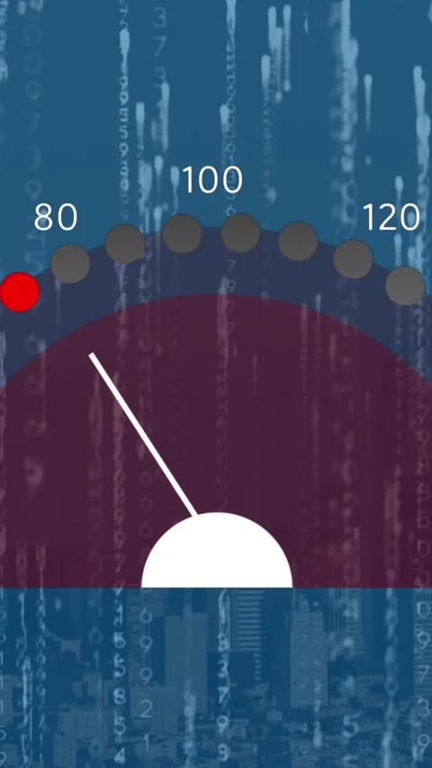 Animation of speedometer and binary coding against aerial view of cityscape Vídeos de archivo 341976699