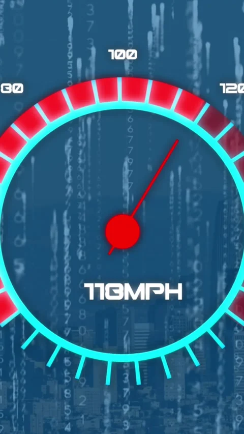 Animation of speedometer and binary coding against aerial view of cityscape Stock Footage 342010160